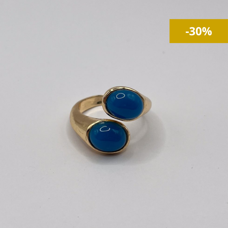 Anillo ovalado ajustable bañado en oro 18k ágata azul natural
