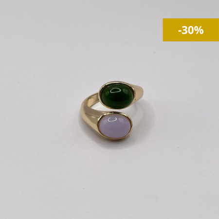 Anillo ovalado ajustable bañado en oro 18k jade y calcedonia natural